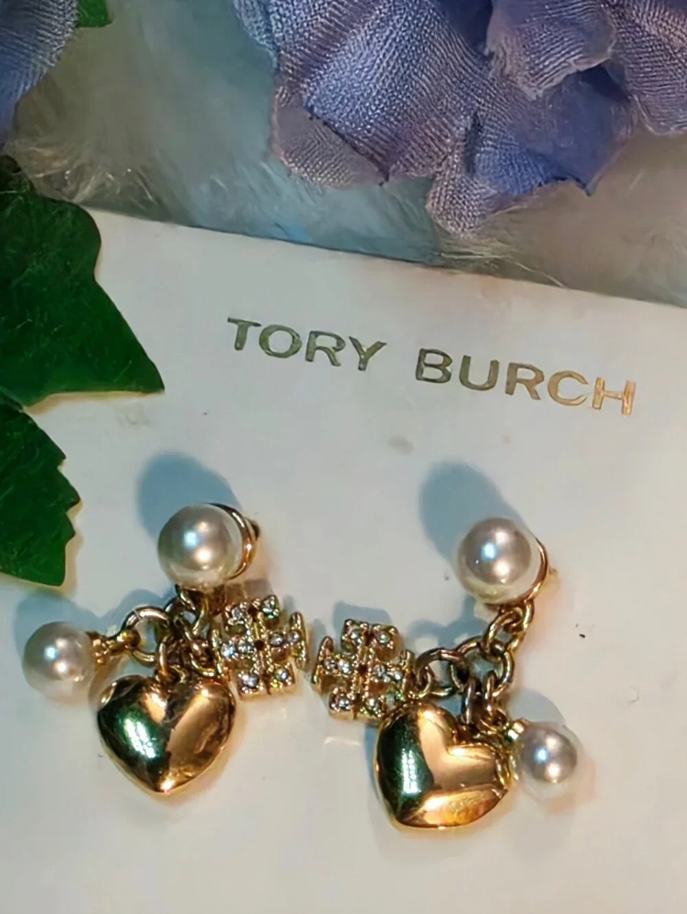EUC Tory Burch Kira Pearl Crystal Heart Charm Drop Earrings Gold